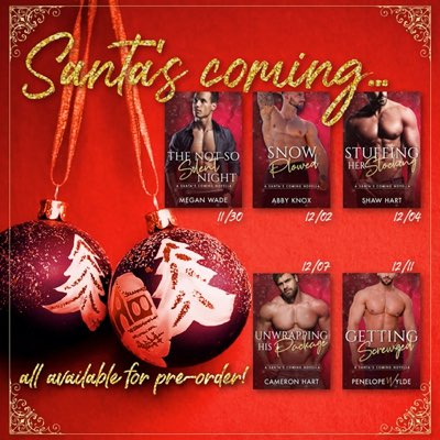 Christmas balls with five book cover thumbnails, featuring five different shirtless or mostly-shirtless attractive men, and the title Santa’s Coming.