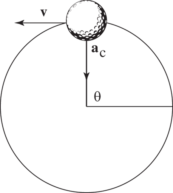 Illustration displaying a circle with a golf ball lying on the top portion of its boundary. The golf ball has a leftward arrow labeled v at its left side and a downward arrow labeled aC at its bottom side.