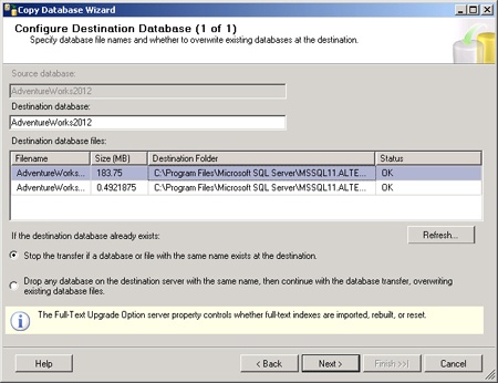 Destination database properties