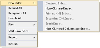 Index menu (Object Explorer)