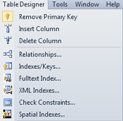 Table Designer menu