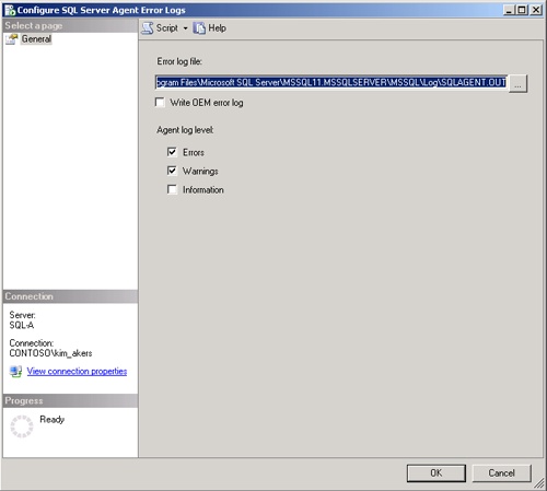 SQL Server Agent error log properties