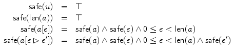 $$\begin{array}{r@{\quad}c@{\quad}l}\mathsf{safe}(u) & = & \top\\\mathsf{safe}(\textsf{len}(a)) & = & \top\\\mathsf{safe}(a[e]) &=& \mathsf{safe}(a) \wedge\mathsf{safe}(e)\wedge0\leq e<\textsf{len}(a)\\\mathsf{safe}(a[e \rhd e']) & = & \mathsf{safe}(a) \wedge\mathsf {safe}(e) \wedge0\leq e<\textsf{len}(a)\wedge\mathsf{safe}(e')\end{array}$$