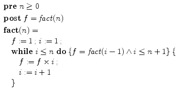 $$\begin{array}{l}\vspace{1mm}\mathbf{pre}\;n \geq0\ \\\vspace{1mm}\mathbf{post}\;f=\mathit{fact}(n)\ \\\mathbf{fact}(n) = \\\quad f := 1\, ; \,i := 1\, ; \,\\\quad\mathbf{while}\ i \leq n\ \mathbf{do}\, \{f =\mathit {fact}(i-1) \wedge i \leq n+1\}\, \{ \\ \qquad f := f \times i\, ; \,\\\qquad i := i+1 \\\quad\}\end{array}$$