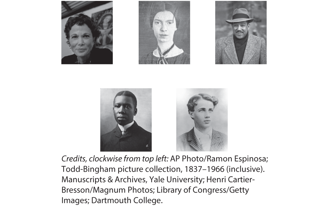 A photo of Jeffrey Allan Salter, Emily Dickinson, Langston Hughes, Paul Laurence Dunbar, Cathy Song, and Robert Frost (Left to right).