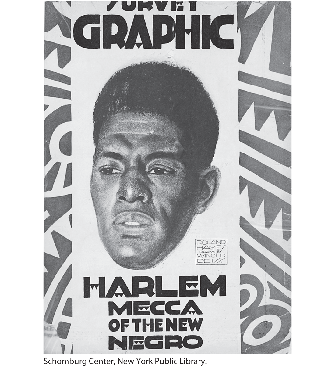 A photo shows the front cover of a ‘Survey Graphic’ magazine. The cover shows the photo of an African man’s face at the center, with the following text below: ‘Harlem Mecca of the New Negro.’