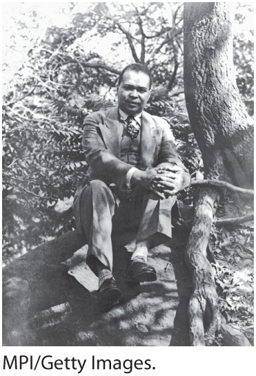 A photo shows Countee Cullen seated on a tree branch, clad in a suit and tie.