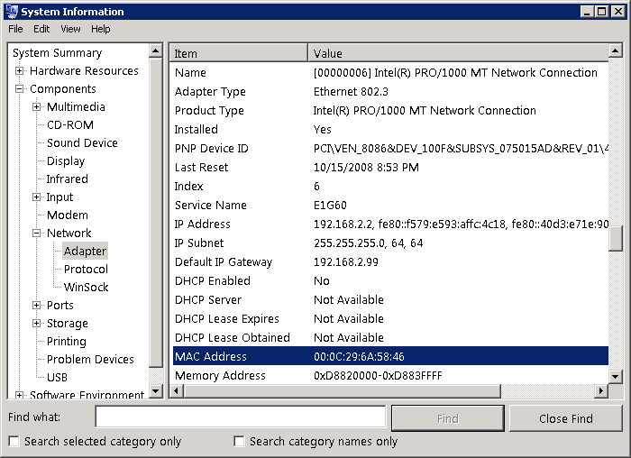 A MAC address displayed in the System Information application.