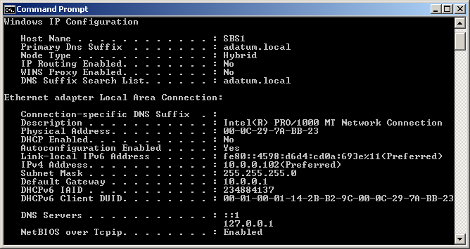 Ipconfig.exe output displaying IPv4 and IPv6 addresses.