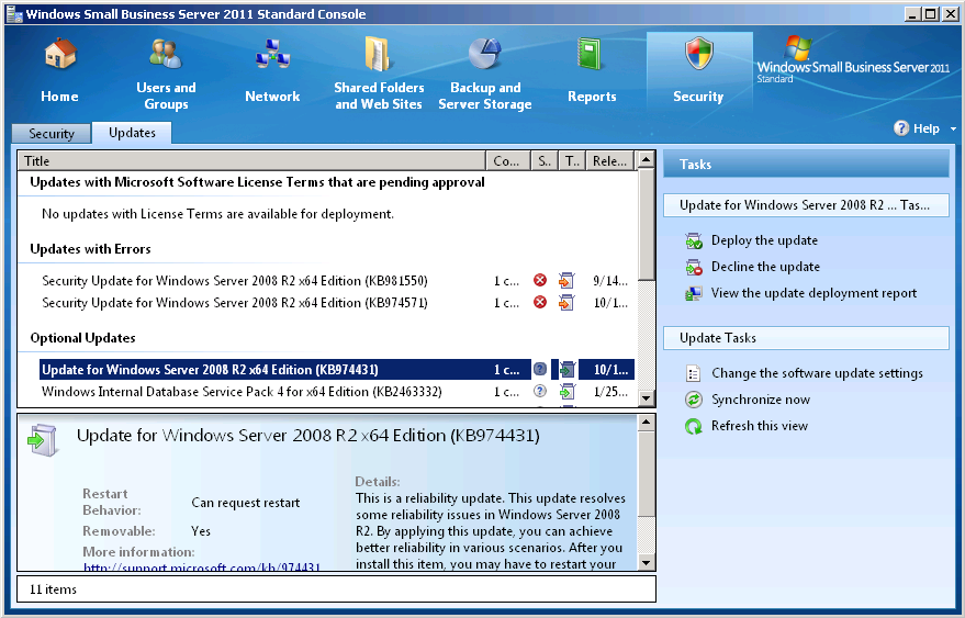 The Updates page in the Windows SBS Console.