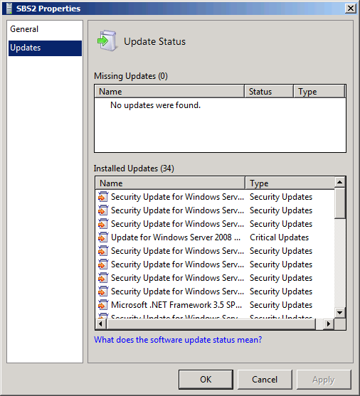 The Updates page in a computer’s Properties sheet.