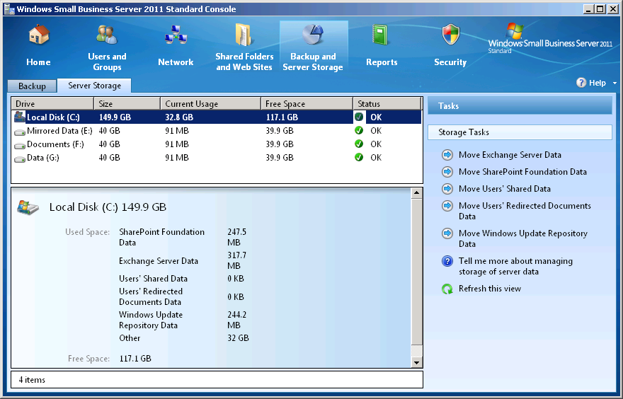 The Backup And Server Storage page of the Windows SBS Console.