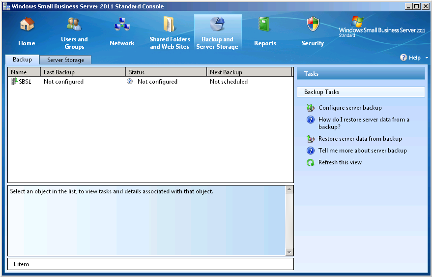 The Backup And Server Storage page in the Windows SBS Console.