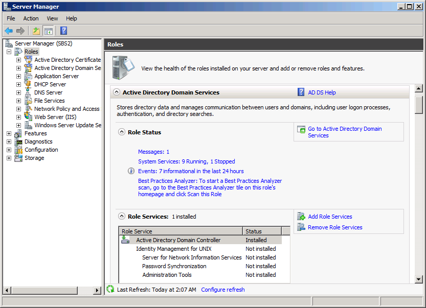 The Roles node in the Server Manager Console.