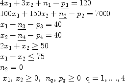 $$\begin{array}{l} 4x_1 + 3x_2 + n_1 - \underline {p_1 } = 120 \\ 100x_1 + 150x_2 + \underline {n_2 } - p_2 = 7000 \\ x_1 + \underline {n_3 } - p_3 = 40 \\ x_2 + \underline {n_4 } - p_4 = 40 \\ 2x_1 + x_2 \ge 50 \\ x_1 + x_2 \le 75 \\ n_2 = 0 \\ \begin{array}{*{20}c} {x_1 ,\,x_2 \ge 0,} & {n_q ,\,p_q \ge 0} & {{\rm{q}} = 1,....,4} \\\end{array} \\ \end{array}$$