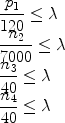 $$\begin{array}{l} \displaystyle\frac{{p_1 }}{{120}} \le \lambda \\ \displaystyle\frac{{n_2 }}{{7000}} \le \lambda \\ \displaystyle\frac{{n_3 }}{{40}} \le \lambda \\ \displaystyle\frac{{n_4 }}{{40}} \le \lambda \\ \end{array}$$