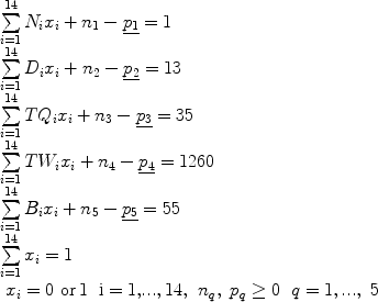 $$\begin{array}{l}\sum\limits_{i = 1}^{14} {N_i x_i + n_1 - \underline {p_1 } } = 1 \\ \sum\limits_{i = 1}^{14} {D_i x_i + n_2 - \underline {p_2 } } = 13 \\ \sum\limits_{i = 1}^{14} {TQ_i x_i + n_3 - \underline {p_3 } } = 35 \\ \sum\limits_{i = 1}^{14} {TW_i x_i + n_4 - \underline {p_4 } } = 1260 \\ \sum\limits_{i = 1}^{14} {B_i x_i + n_5 - \underline {p_5 } } = 55 \\ \sum\limits_{i = 1}^{14} {x_i } = 1 \\ \begin{array}{*{20}c}{x_i = 0\,\,{\rm{or}}\,{\rm{1}}} & {{\rm{i = 1,}}...{\rm{,14,}}} & {n_q ,\ p_q \ge 0} & {q = 1,...,\ 5} \\\end{array} \\ \end{array}$$