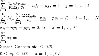 
$$\begin{array}{l} \sum\limits_{k = 1}^{97} {\frac{{S_{kj} x_k U_{{\rm{FTSE}}} }}{{{\rm{FTSE}}_{j\,\,} \,U_k }} + \underline {nf_j } } - \underline {pf_j } = 1\,\,\,\,\,\,\,j = 1,...,12 \\[12pt] \sum\limits_{j = 1}^{12} {M_{ji} \sum\limits_{k = 1}^{97} {\frac{{100S_{kj} x_k }}{{U_k }}} + } \underline {ns_l} - ps_l = T_l \,\,\,\,\,\,\,\,\,l = 1,...,\,N \\[12pt] x_k + np_k - \underline {pp_k } = 0.05\,\,\,\,\,\,\,\,\,k = 1,...,\,97 \\[3pt] \sum\limits_{k = 1}^{97} {x_k } = 1 \\ [6pt]{\rm{Sector}}\,\,\,{\rm{Constraints}}\, \le \,{\rm{0}}{\rm{.25}} \\[3pt] {\rm{0}} \le \,{\rm{x}}_{\rm{k}} \le 0.09\,\,\,\,\,\,\,\,k = 1,...,\,97 \\ \end{array}$$