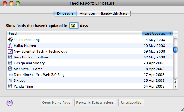 NetNewsWire Dinosaurs feature showing feeds that have not been updated recently; social applications should consider features such as this to help with filtering and management