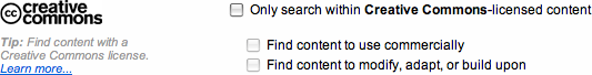 Creative Commons search options from the Flickr advanced search page