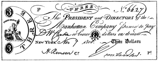 Three No 6627 The President and Directors of the Manhattan Company promise to pay D. W. Cantor or bearer 3 dollars on demand. New York. Nov 7 1800. Three Dollars. MANHATTAN COMPANY CURRENCY