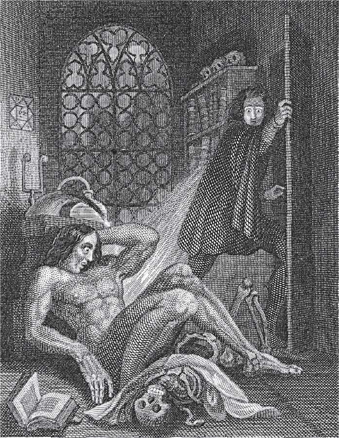 Frontespizio dell’edizione del 1831 di Frankenstein. Questa incisione di Theodore von Holst è la prima immagine che possediamo della creatura e del suo sbigottito artefice nel «laboratorio per l’orrenda creazione». La creatura è gigantesca e ha la testa un po’ deforme, che la fa sembrare più vulnerabile che spaventosa.