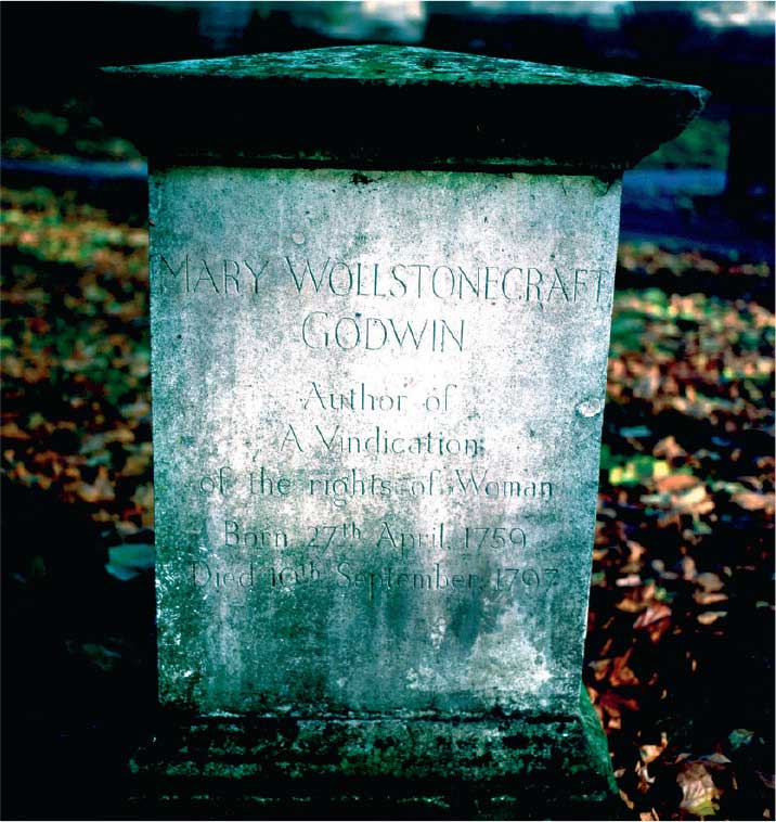 Monumento funebre a Mary Wollstonecraft nel cimitero di St Pancras Old Church, Londra, commissionato dal marito dopo la sua morte. È qui che Godwin insegna alla piccola Mary a leggere seguendo con il dito le lettere del nome di sua madre. A sedici anni Mary sceglie questo luogo per dichiararsi a Percy Bysshe Shelley, anch’egli già sposato.