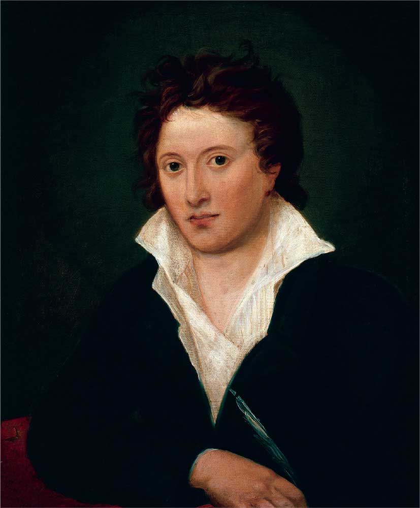 Percy Bysshe Shelley, ritratto nel 1819 a Roma da Amelia Curran, figlia di un vecchio amico di William Godwin. In questo dipinto ha poco meno di ventisei anni: ha già perso due figli avuti da Mary e, dopo il suicidio della prima moglie, la custodia dei due figli nati da quel matrimonio. Neanche un mese dopo, all’età di tre anni, morirà anche William, un altro dei figli avuti da Mary.