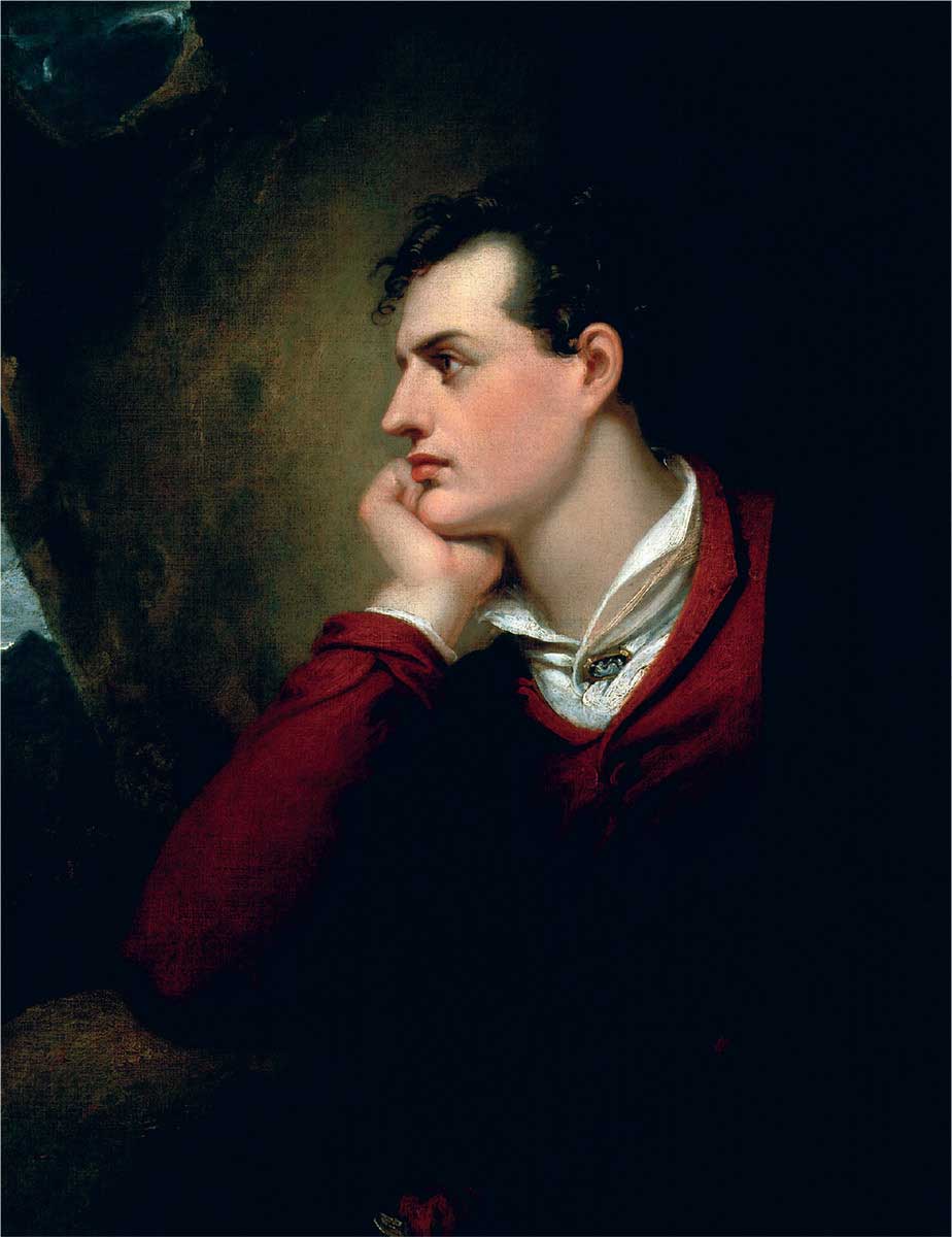 George Gordon Byron, sesto barone Byron, ritratto da Richard Westall nel 1813, tre anni prima della partenza estiva del poeta per Villa Diodati, prima tappa del suo esilio permanente. Ammiratore della scrittura di Mary, Byron si dimostrerà un amico fedele dopo la morte di Percy.