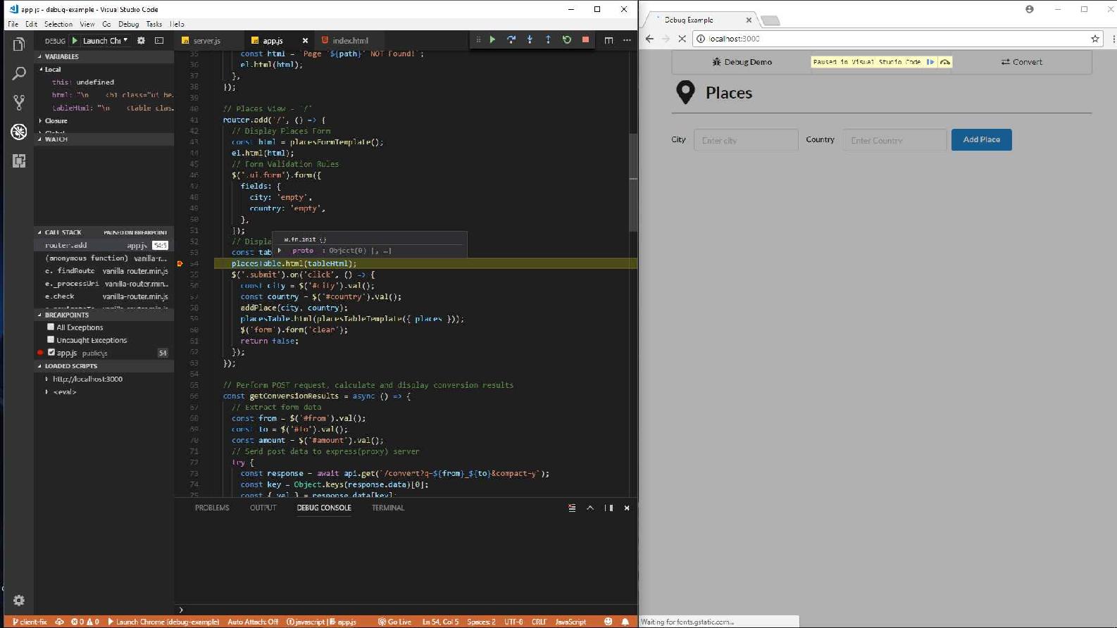 Debugging JavaScript with Chrome and VS Code