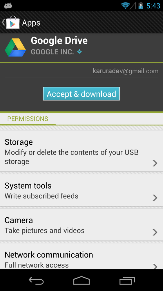 Install Privileges screen for a Google Play application