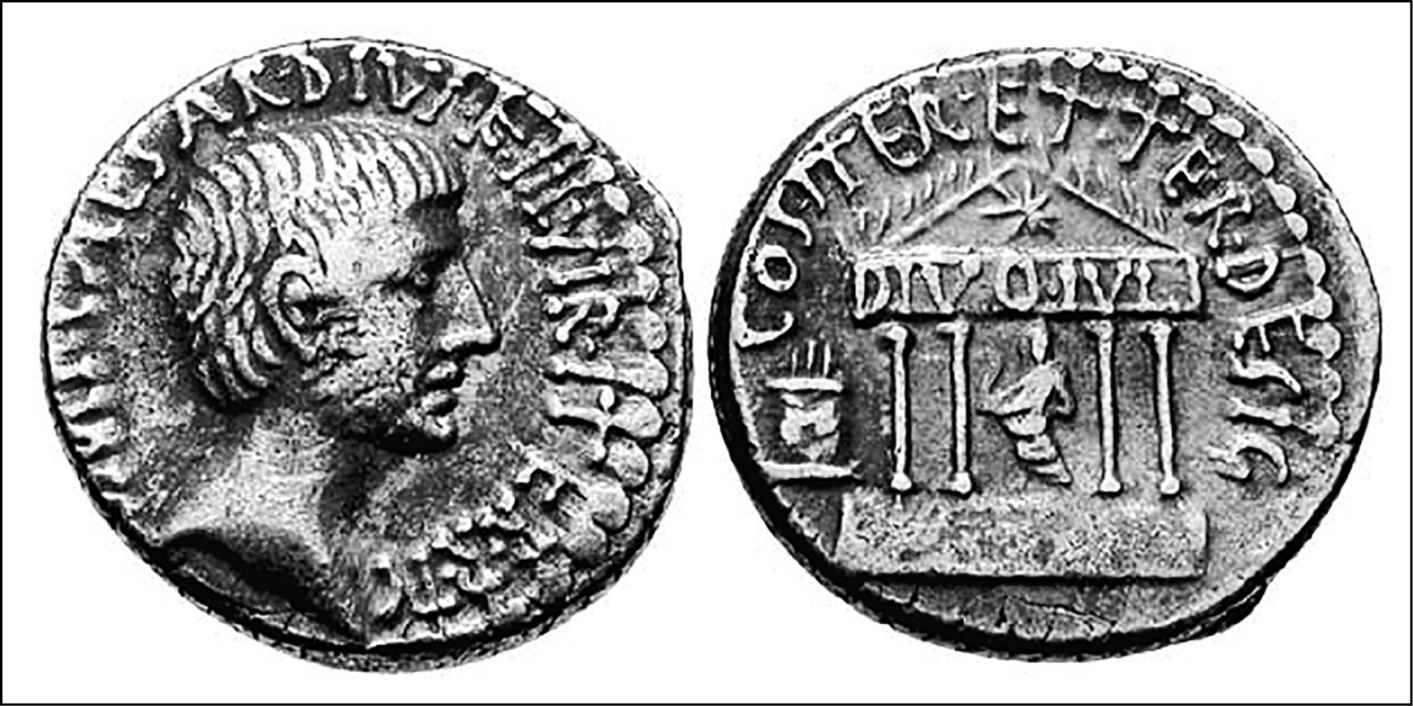 Coin of Augustus Caesar reading  caesar divi f,  or “Caesar, Son of God”  Classical Numismatic Group, Inc.,  www.cngcoins.com