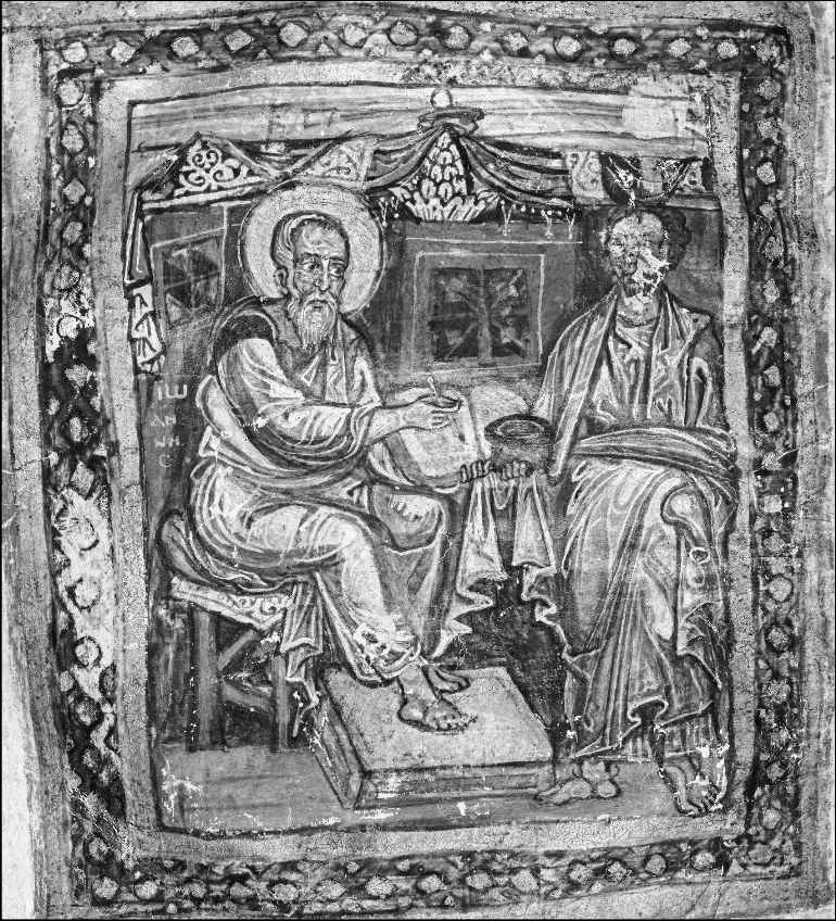 John the Apostle and Marcion of Sinope (the latter’s face has been intentionally disfigured) from an image in an Italian Gospel codex written in Greek (MS M.748, fol. 150v, eleventh century) The Morgan Library & Museum / Janny Chiu / Art Resource, NY