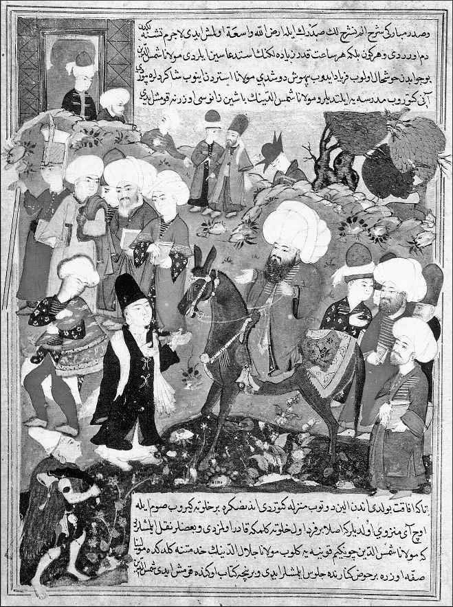 Rumi (seated on horse) meeting Shams. Folio from Jâmi al-Siyarby Mohammad Tahir Suhravardî. Topkapi Palace Museum / Wikimedia Commons / public domain