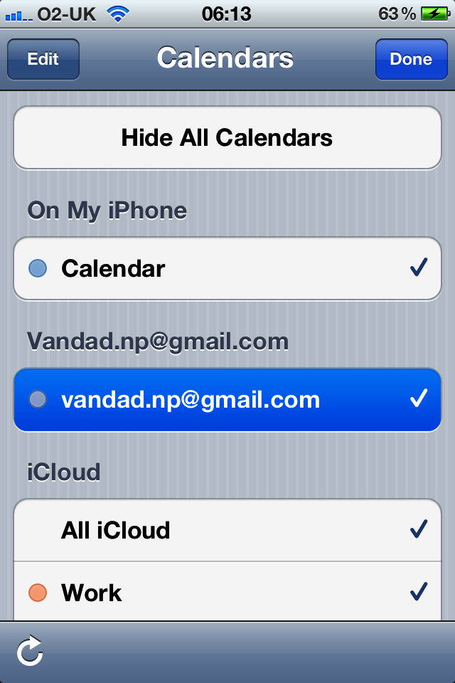 The new Google Calendar added to the list of calendars on an iOS device