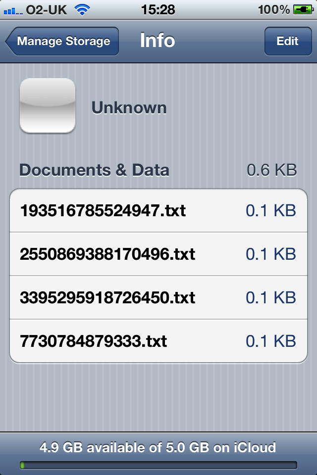 The list of random files that the app has created in iCloud