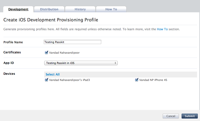 Creating a developer provisioning profile for our passkit app