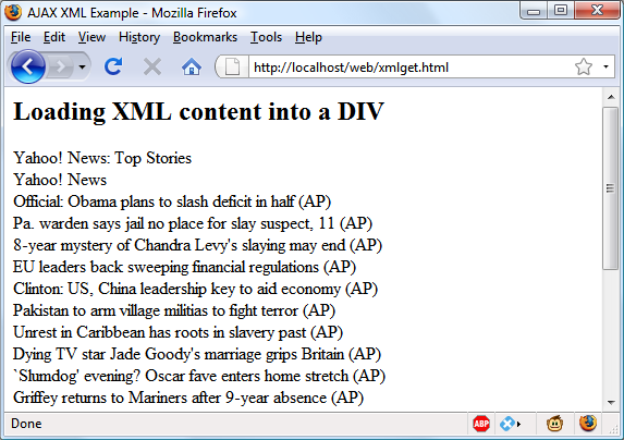 Fetching a Yahoo! XML news feed via Ajax