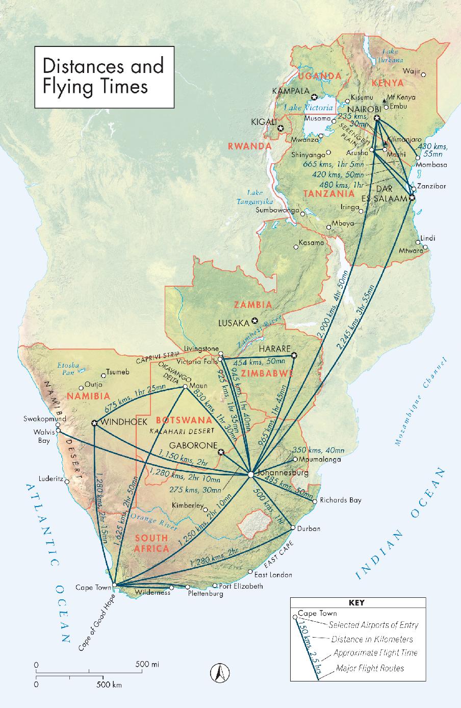 Distances and Flying Times map