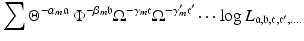 
$$\displaystyle{\sum \Theta ^{-\alpha _{m}\mathfrak{a}}\ \Phi ^{-\beta _{m}\mathfrak{b}}\Omega ^{-\gamma _{m}\mathfrak{c}}\Omega ^{-\gamma '_{m}\mathfrak{c}'}\cdots \log L_{\mathfrak{a},\mathfrak{b},\mathfrak{c},\mathfrak{c}',\ldots.}}$$
