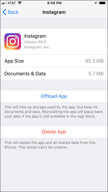 Screenshot of the storage space that the Instagram app is taking up appears to the right of the Documents & Data entry.