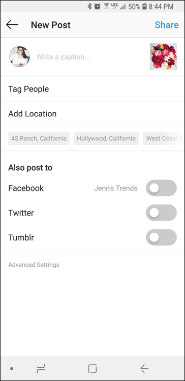 Screenshot of using the Add Location option during the upload process to add more exposure to your posts.