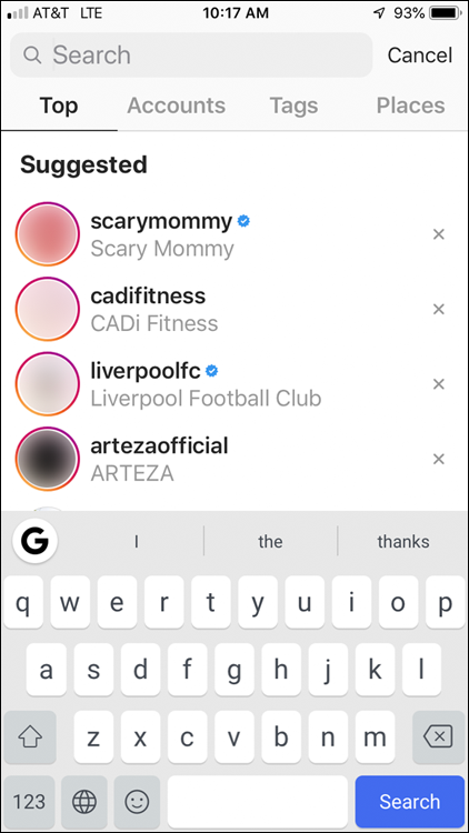 Screenshot of search by Top, Accounts, Tags, and Places.