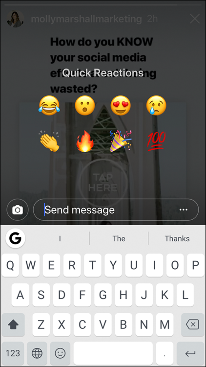 Screenshot of sending a message by tapping in the Send Message box and typing.