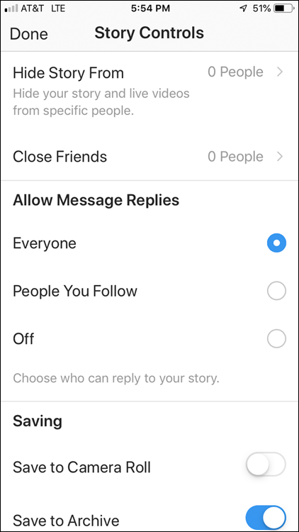 Screenshot of the Story Controls page offering a variety of settings for allowing people to view, message, share, and save your stories.