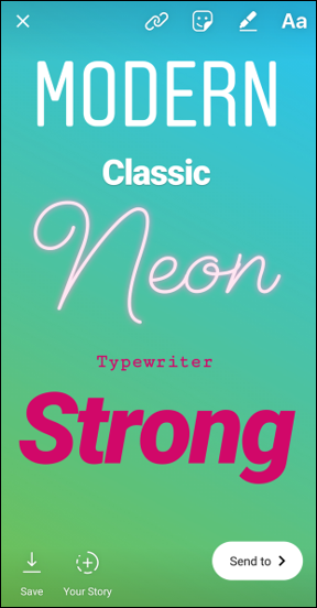 Screenshot of Instagram stories offering a variety of font options to choose from.
