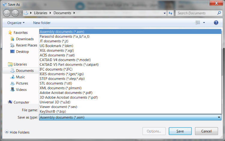 Screenshot for Save As dialog box showing the file types Solid Edge works with.