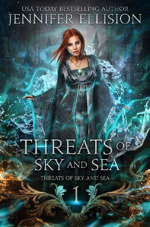 Image: Threats of Sky and Sea cover: Woman with water powers in medieval dress before castle