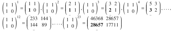 $$ {\displaystyle \begin{array}{l}{\left(\begin{array}{cc}1& 1\\ {}1& 0\end{array}\right)}^1=\left(\begin{array}{cc}1& 1\\ {}\underset{\_}{\mathbf{1}}& 0\end{array}\right),{\left(\begin{array}{cc}1& 1\\ {}1& 0\end{array}\right)}^2=\left(\begin{array}{cc}2& 1\\ {}\underset{\_}{\mathbf{1}}& 1\end{array}\right),{\left(\begin{array}{cc}1& 1\\ {}1& 0\end{array}\right)}^3=\left(\begin{array}{cc}3& 2\\ {}\underset{\_}{\mathbf{2}}& 1\end{array}\right),{\left(\begin{array}{cc}1& 1\\ {}1& 0\end{array}\right)}^4=\left(\begin{array}{cc}5& 3\\ {}\underset{\_}{\mathbf{3}}& 2\end{array}\right),\dots, \\ {}{\left(\begin{array}{cc}1& 1\\ {}1& 0\end{array}\right)}^{12}=\left(\begin{array}{cc}233& 144\\ {}\underset{\_}{144}& 89\end{array}\right),\dots, {\left(\begin{array}{cc}1& 1\\ {}1& 0\end{array}\right)}^{23}=\left(\begin{array}{cc}46368& 28657\\ {}\underset{\_}{\mathbf{2}\mathbf{8657}}& 17711\end{array}\right)\end{array}} $$