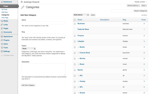 The Categories management screen categories managing Categories management screen